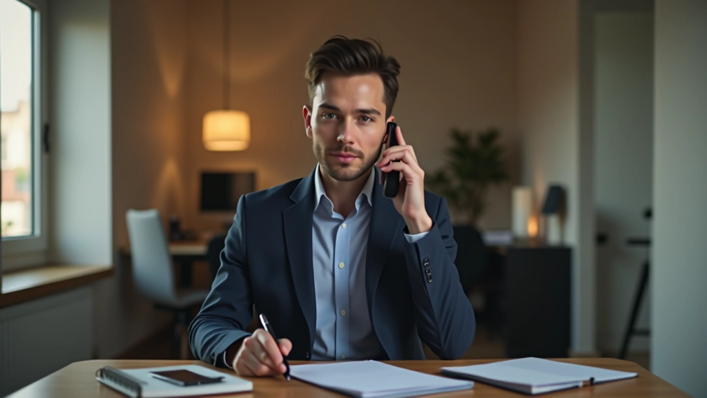 Real estate professional in blazer having phone conversation at office desk