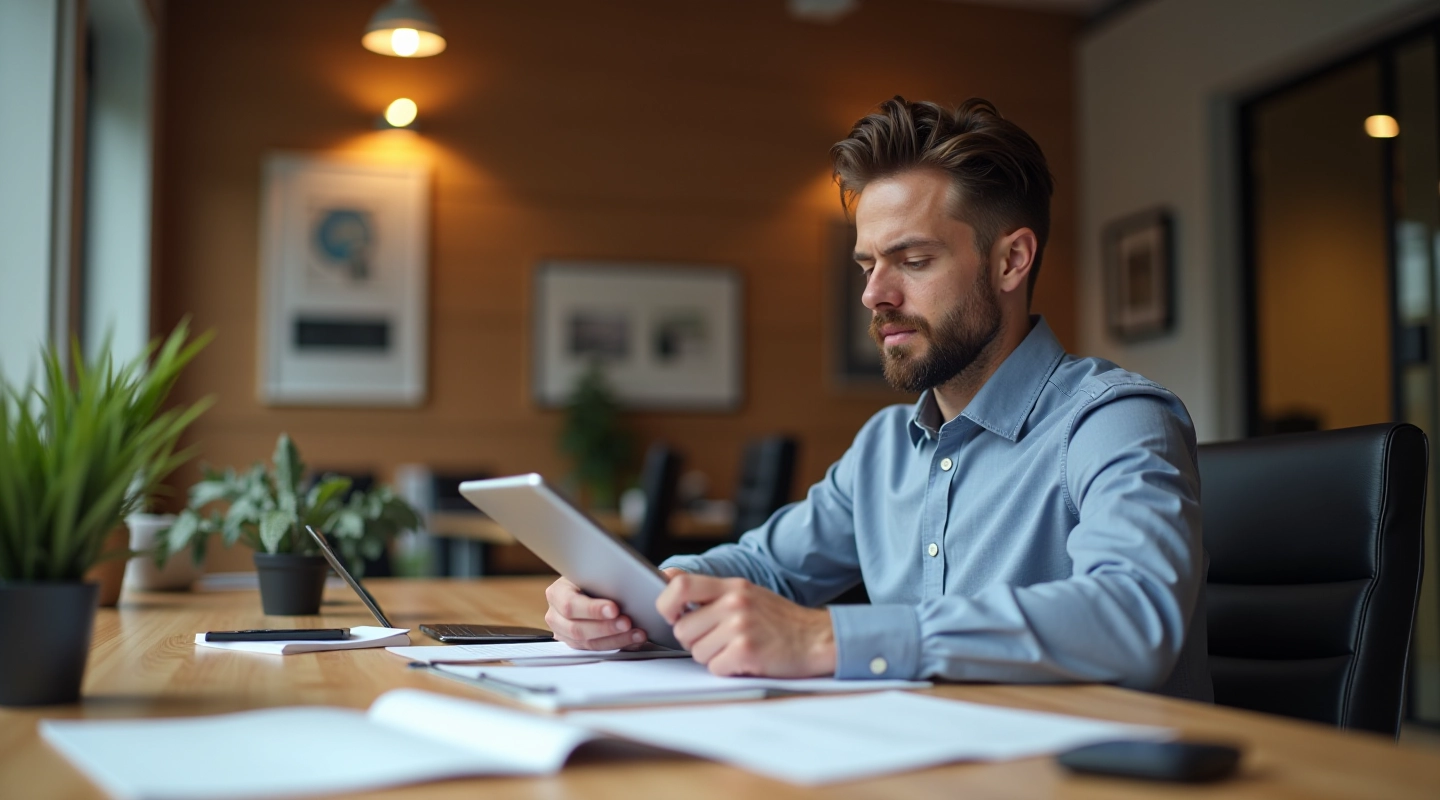 Real estate professional in business attire having conversation with client at wooden desk